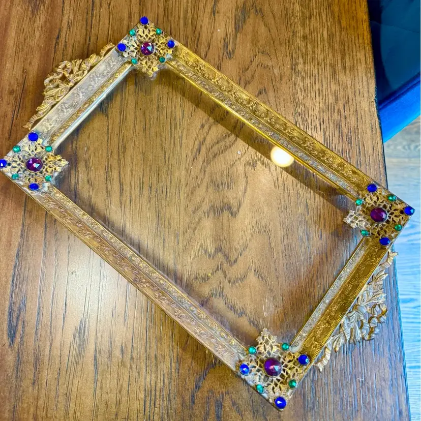 😻 13x7” ornate gold brass vanity tray w/intricate filigree handles & colorful jewels