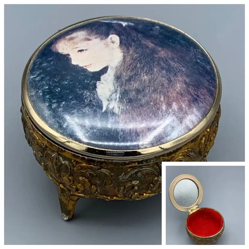 Vtg Footed Mirrored Lined Trinket Jewelry Box Renoir Portrait of Mademoiselle