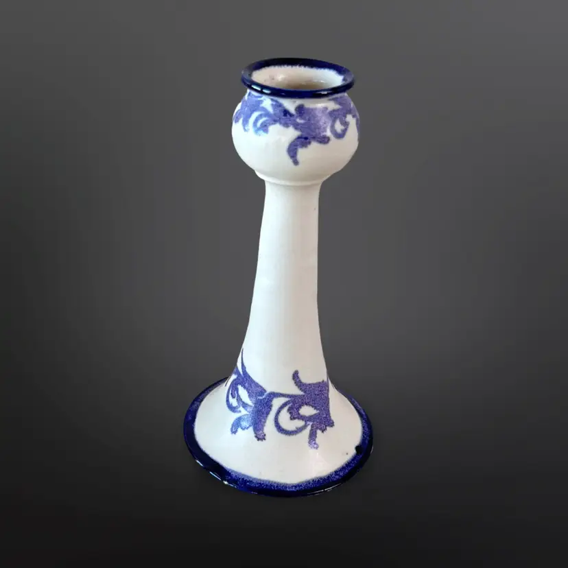 Vintage Clouds Folsom Pottery Candle Holder Blue & White Design 6.5” Tall