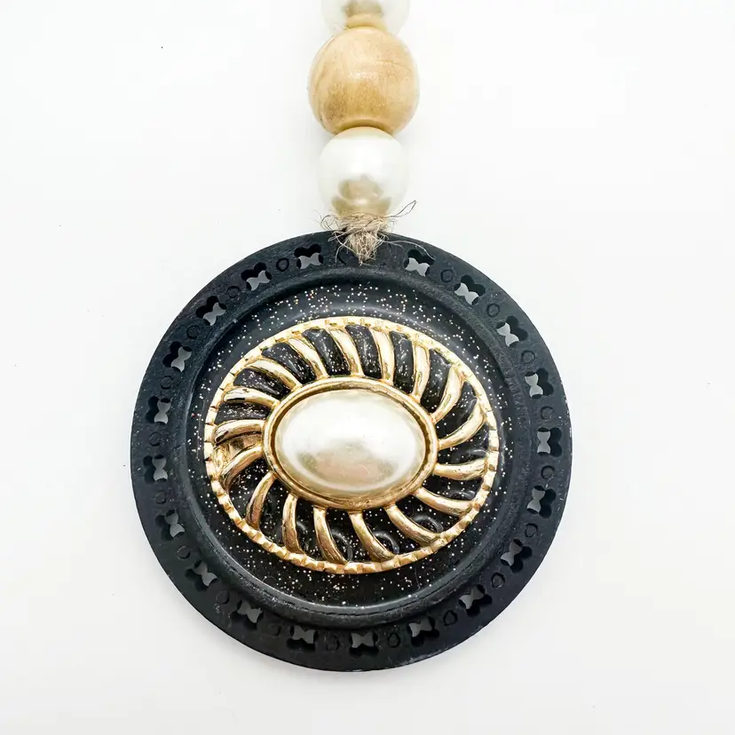 Oval Faux Pearl Gold Accent Handmade Bauble Ornament Repurposed Jewelry