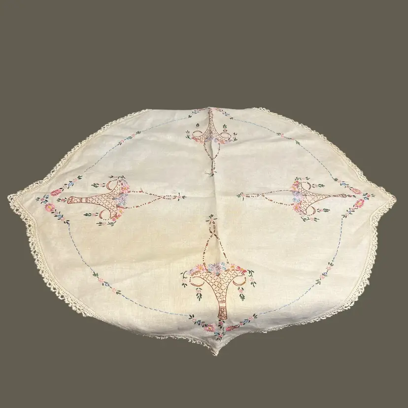 Vintage 35 Inch Embroidered Floral Basket Round With Four Diamond Points Table Topper Cover