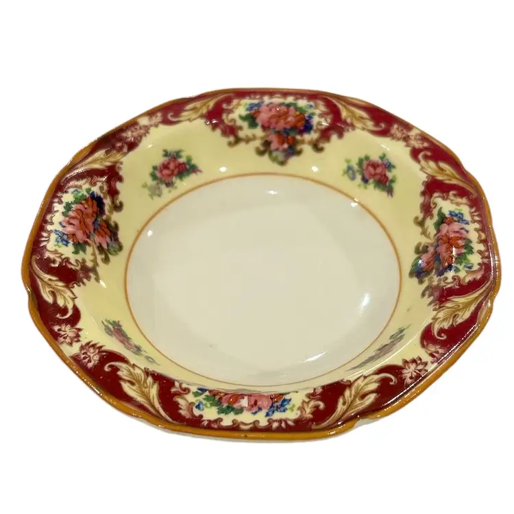 Vintage Crown Ducal Shallow Fruit Dish Red and Cream with Pink Flower Pattern