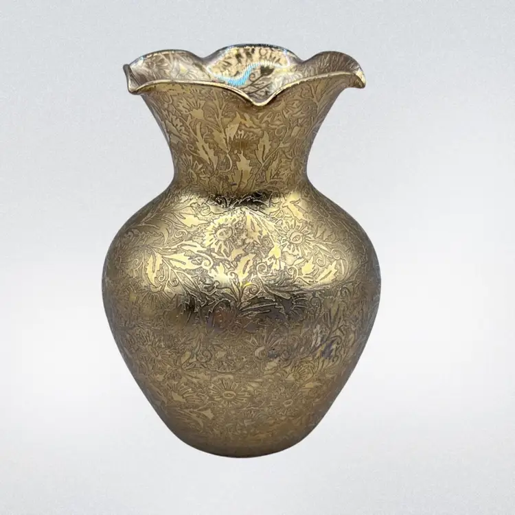 Vintage Lotus Glass Co. 22 Karat Gold Overlay Ruffle Top Gilded Vase 4.5" tall