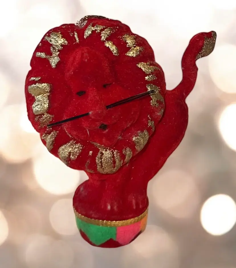 Vintage Red Flocked Christmas Ornament Lion Circus  On Box MCM Decoration