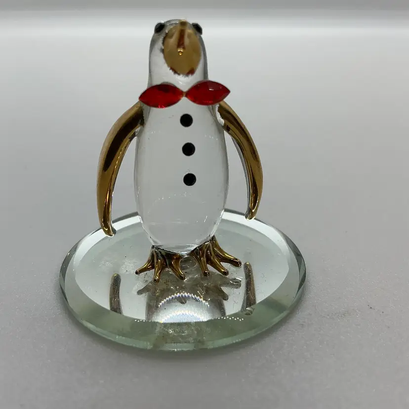 Glass Baron Poppy Penguin Figurine Mirror Base Red Bowtie 22 Kt. Gold Accents