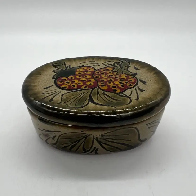 Mexico Red Clay Pottery Trinket Jewelry Stash Box Jar Strawberry Fruit