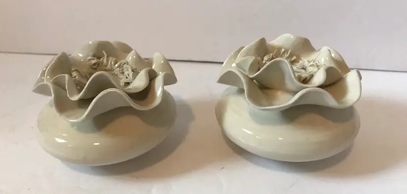 Vintage Pair Of Fitz & Floyd Ruffled/spaghetti Trim Ivory Candle Holders