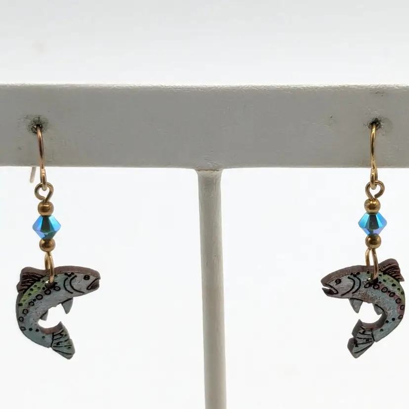 Trout Pierced Dangle Earrings Carved Wood with Crystals Fish Jewelry