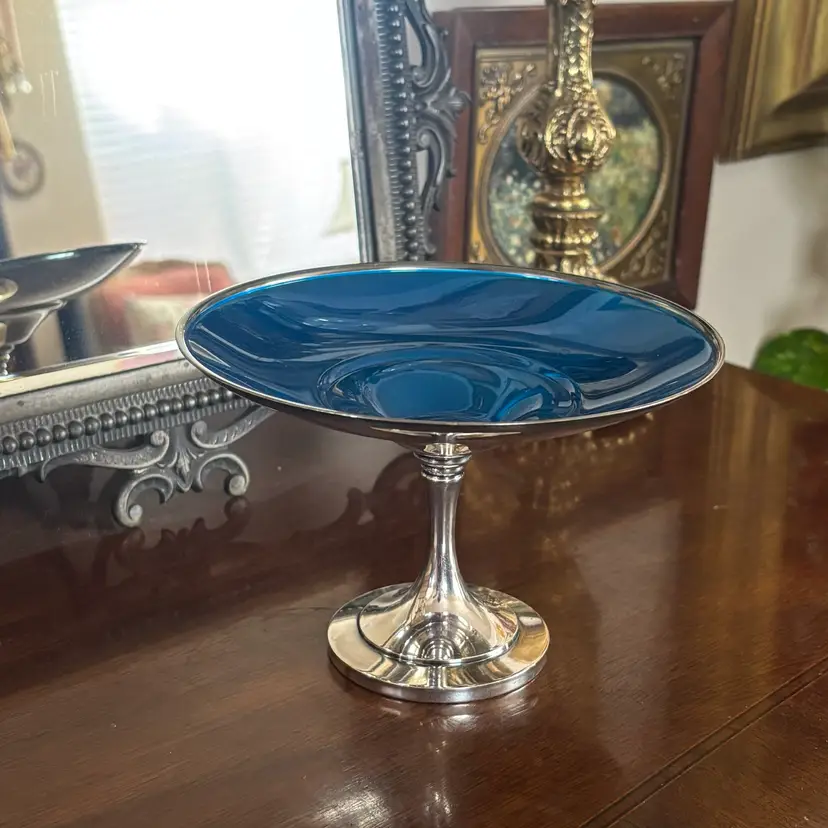 🐇Vintage Oneida Silver Plated Aqua Blue Enamel Compote Pedestal Dish
