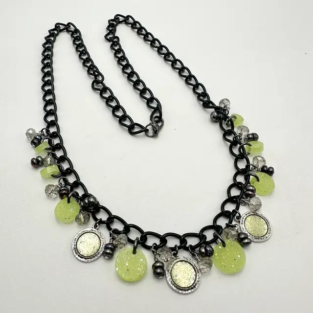 Handmade Necklace Black Chain Yellow Resin Crystal Pearl Accents 32” L