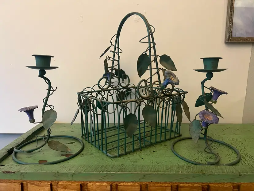 Cottage Core Wire Basket & Candle Holders. Vintage Metal Morning Glory Design