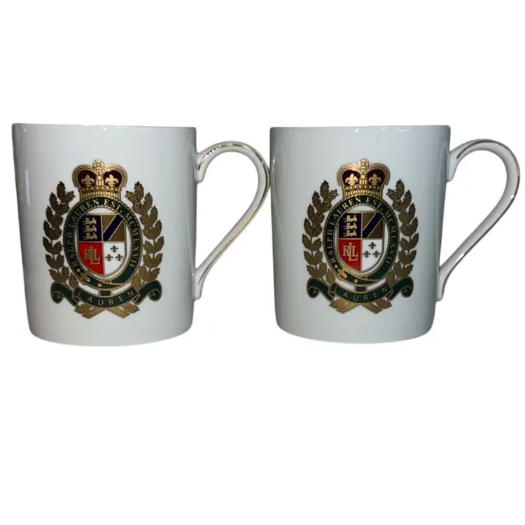 Ralph Lauren Estate Crest Emblem Fine China Porcelain Coffee Mug Set 12oz