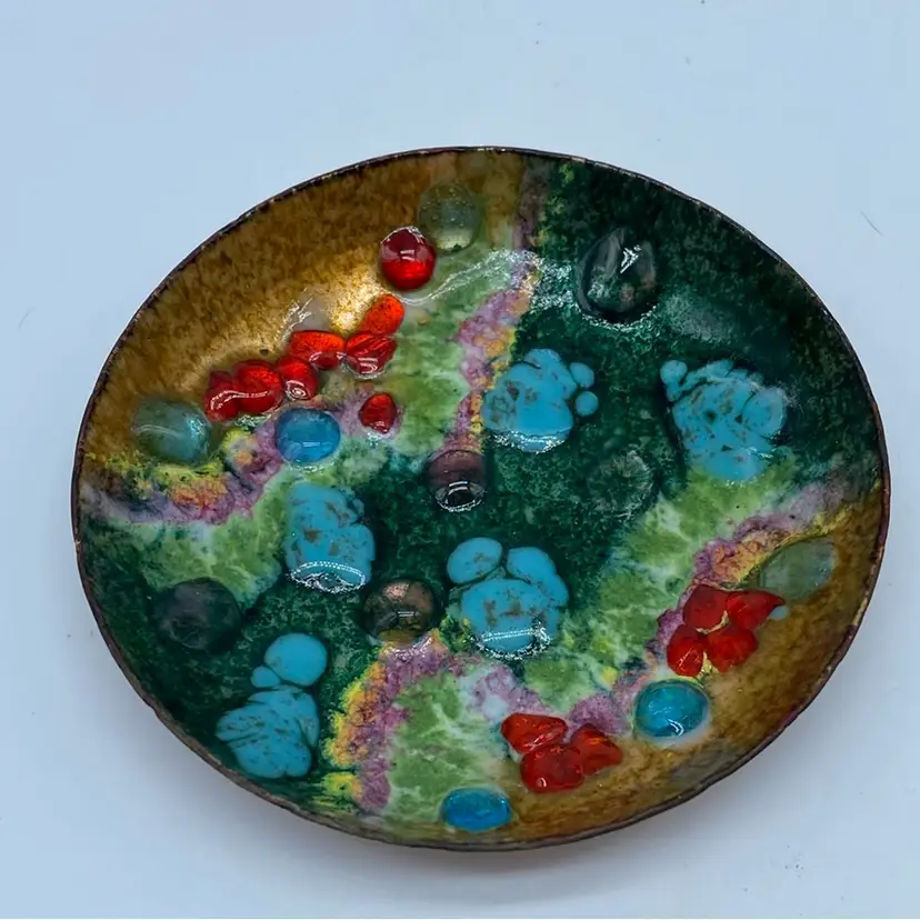 #3529 Signed J. Capo mid-century modern abstract enameled copper decorative dish.