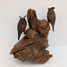 Vintage Hand Carved Owl Sculpture Burl Wood Knot & Two Small Owls 8.25" Tall