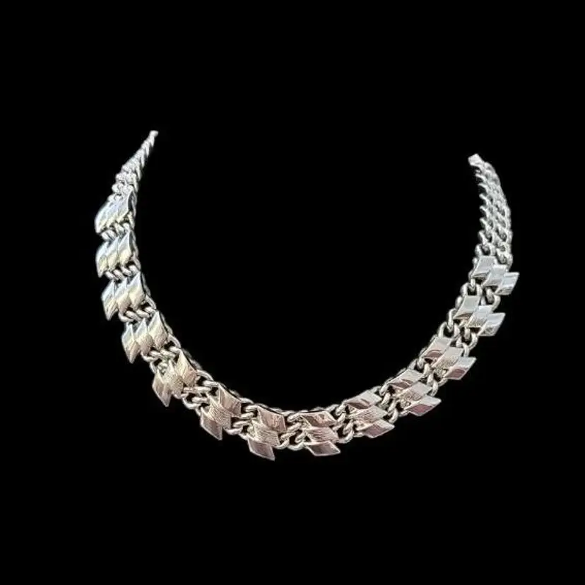Modernist Choker Mid Century Silver Tone Double Chain Triple Overlay Elegant Necklace Collar