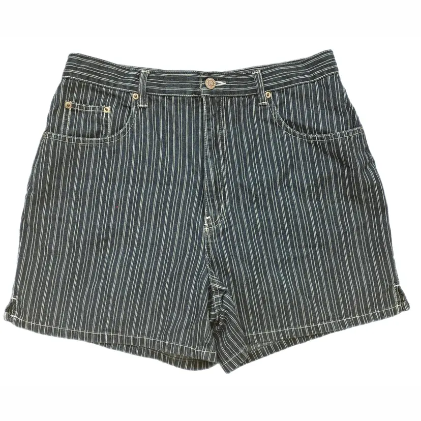 Halston Size 12 Denim Shorts Blue Striped High Waisted Designer 1990s Vintage