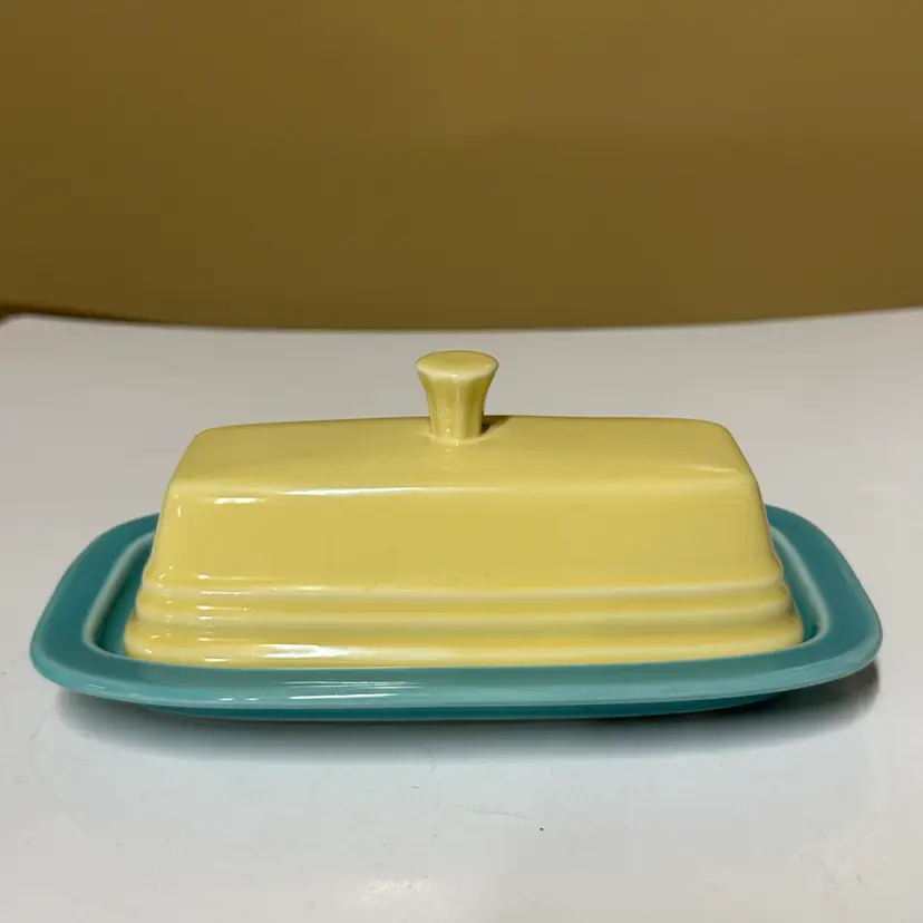 Fiesta Ware Small Butter Dish yellow lid turquoise bottom