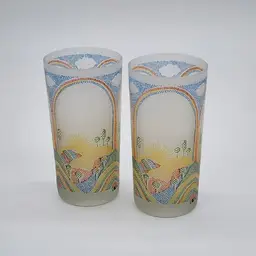 Set of 2 Vintage Cera Glass Frosted Rainbow Hill Tumblers