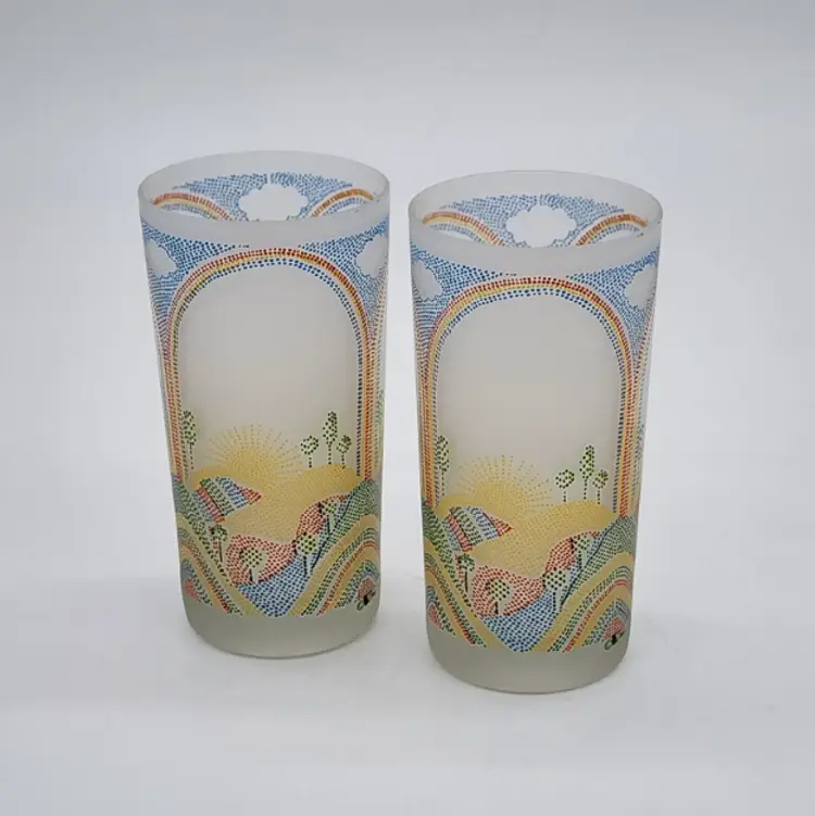 Set of 2 Vintage Cera Glass Frosted Rainbow Hill Tumblers