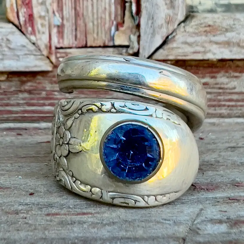 #16 - Spoon Ring Silver Plate With Sapphire Blue Crystal Size 7 But Adjustable