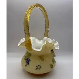 Fenton Limited Edition #642 Amber Cased Milk Glass Hand Painted Signed Mountain Berry Basket 8”