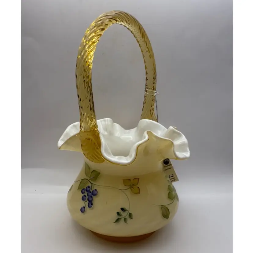 Fenton Limited Edition #642 Amber Cased Milk Glass Hand Painted Signed Mountain Berry Basket 8β