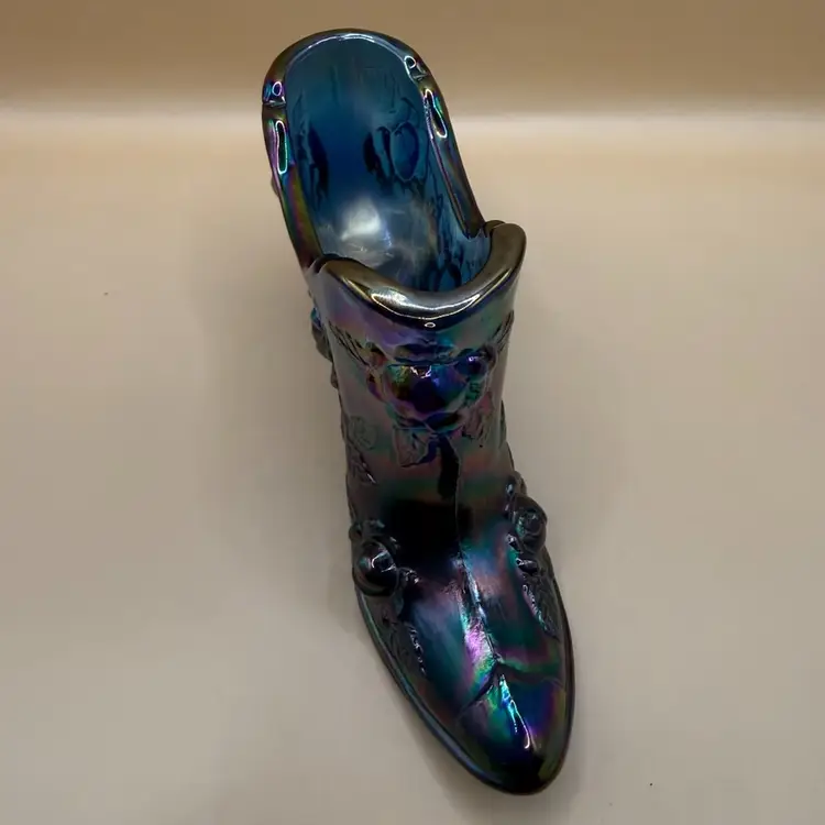 Fenton Blue Carnival Glass Cabbage Rose Shoe 6”