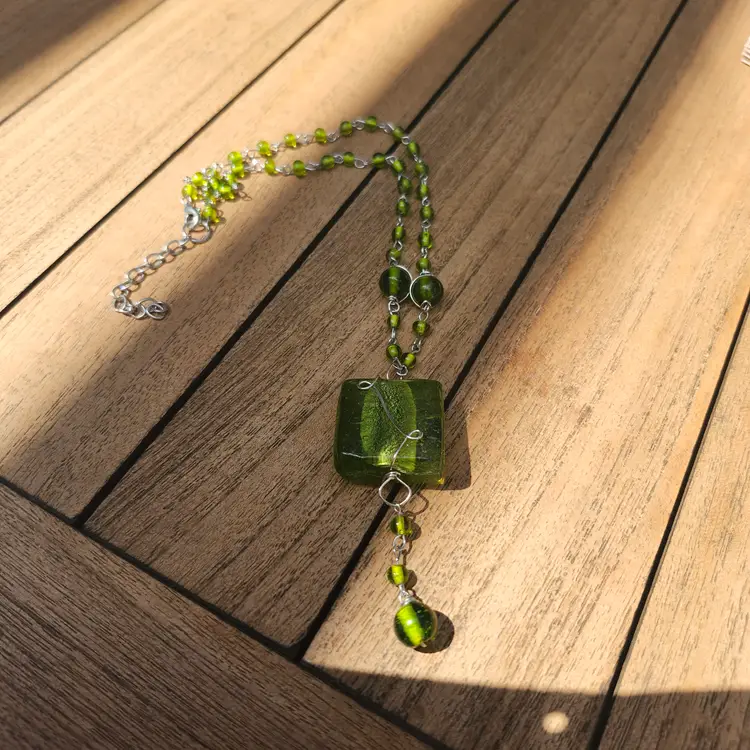 Lime Twist Glass Pendant Necklace 16 inches plus 2 inches extender.