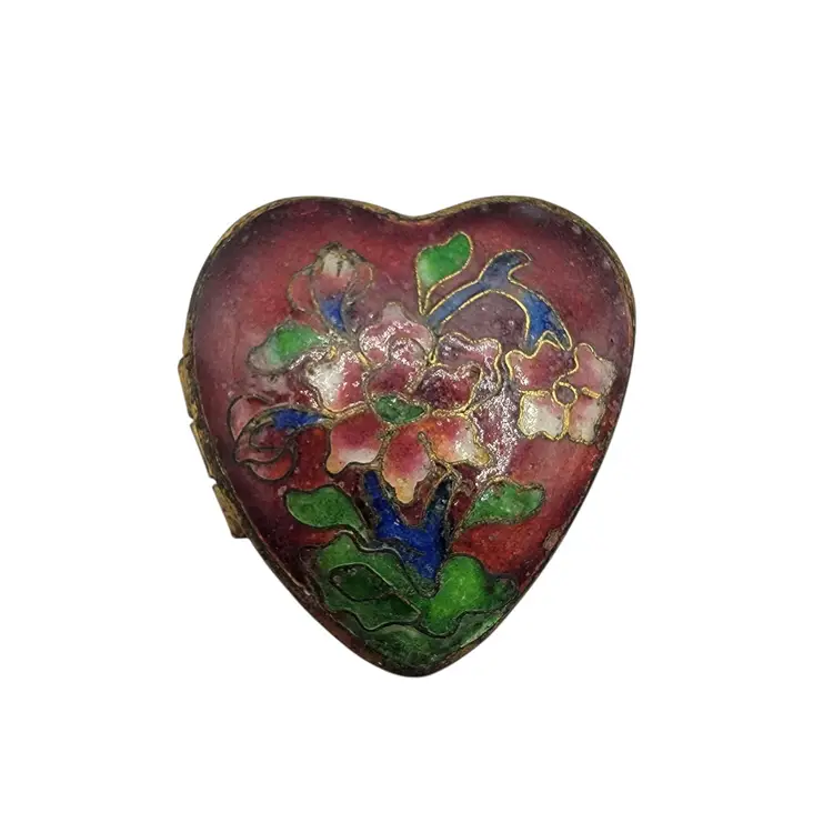 VTG Cloisonné Burgundy Heart Shaped Trinket Box With Floral Design
