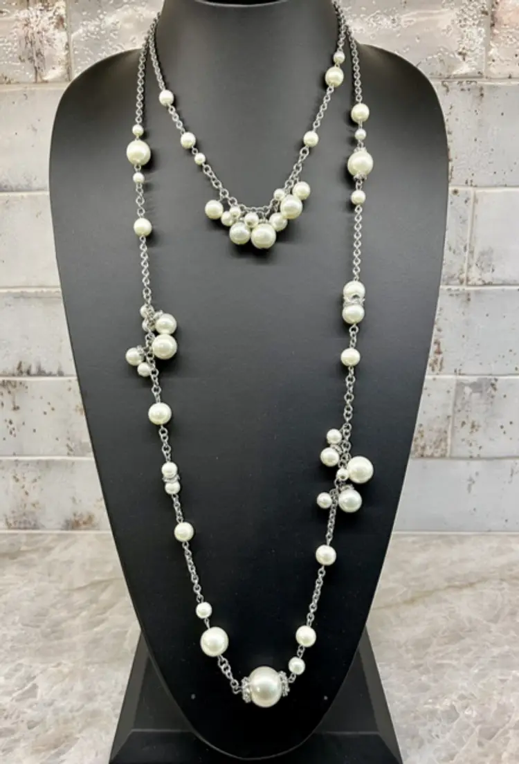 White House Black Market Faux Pearl Silver Tone Chain Double Strand Necklace #F-9