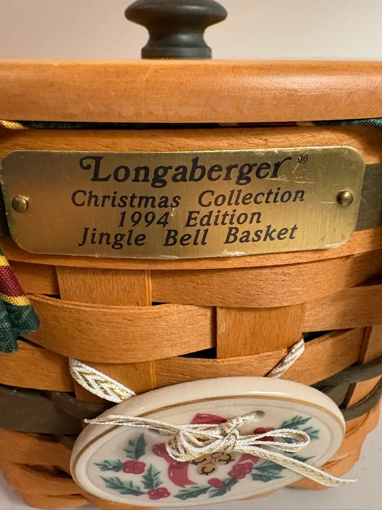 Vintage Longaberger 1994 Jingle Bell Basket w/Liner, Wood Lid and Plastic Protector 8 x 6