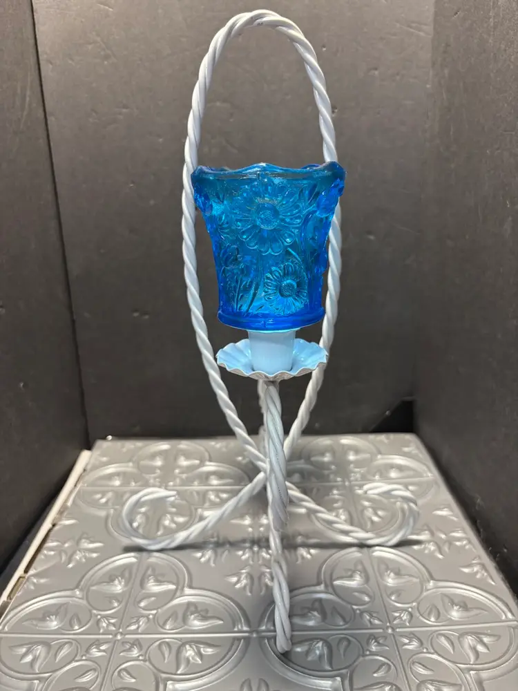 Vintage White Twisted Metal Candelabra with 2 Daisies Electric Blue Glass Holders