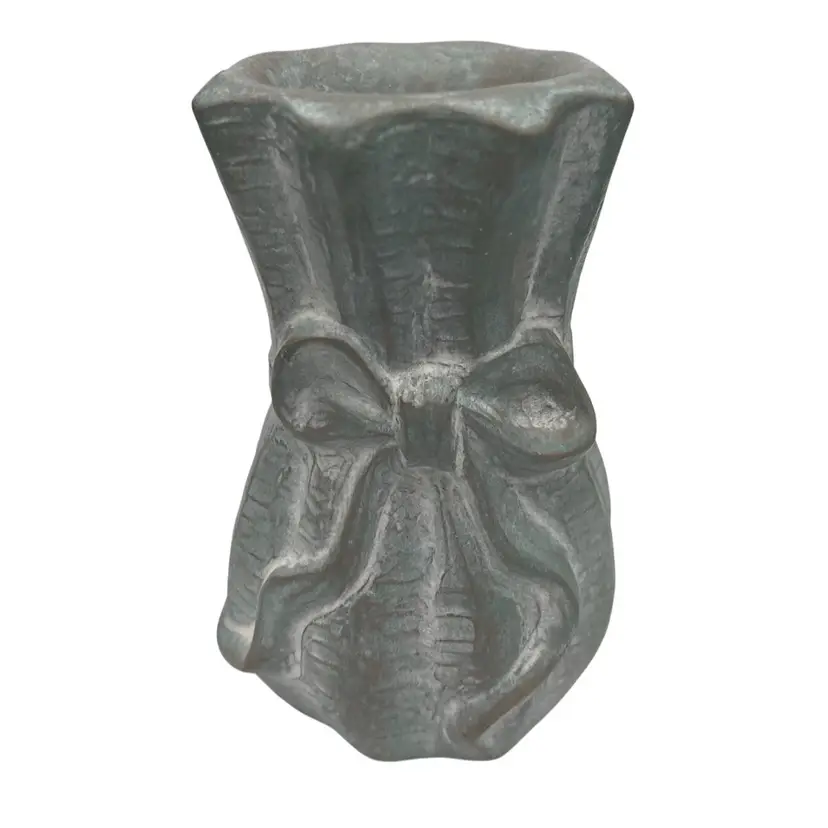 Vtg. Isabel Bloom Cast Concrete Vase with Ribbon, Green w/Whiting, 4", Signed