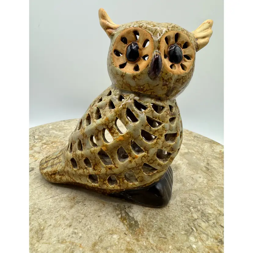 Vintage Glazed Ceramic Owl Luminary Tea Light / Votive Candle Holder