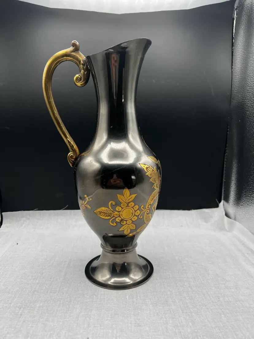 #762B Vintage Black Gold/Brass Ewer/Pitcher Vase With Engraved Flowers