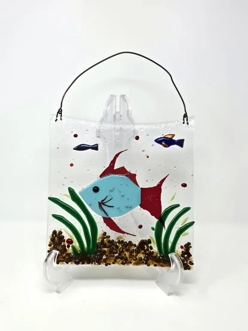 Signed Fused Glass Fish Art – 8″ Coastal Suncatcher Panel – Handmade Ocean Scene Decor – Kiln-Fused Glass Wall Hanging