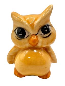 Signed WIW or MIM Studio Art Pottery Owl Bird Figurine Orange Cartoon 2”