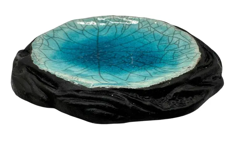 Jeremy Diller Glazed Pottery Trinket Soap Dish Lava Blue Geode Crater Black 5”