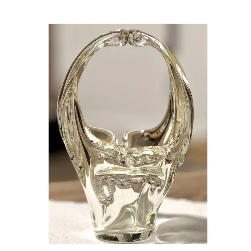 Murano-style clear art glass basket With distinctive split handle and freeform graceful organic lines. Vintage