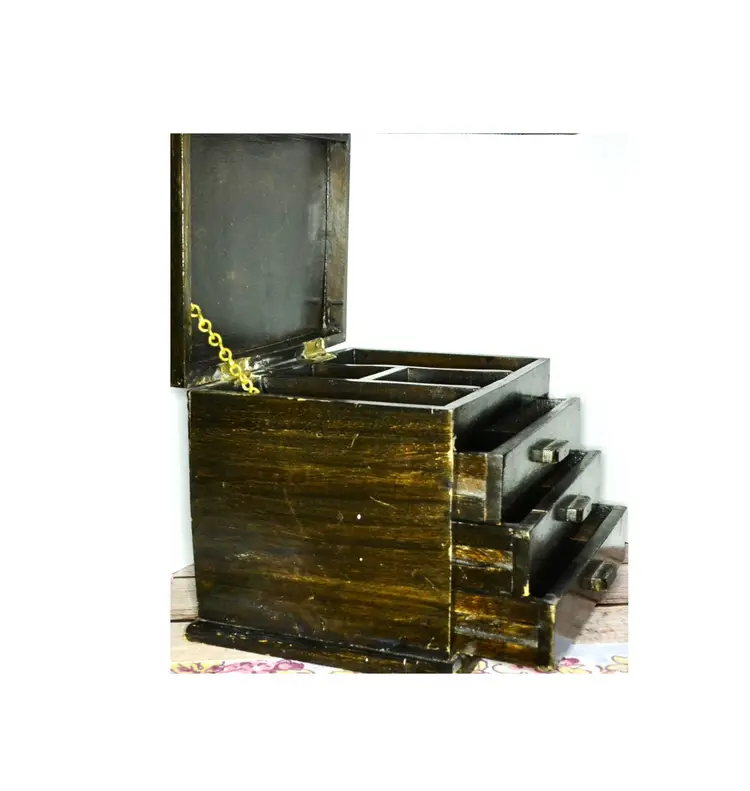 Foreside India Rustic Wooden Jewelry Box – 3 Drawer Organizer with Patina, Handcrafted Storage Chest, Vintage Boho Decor