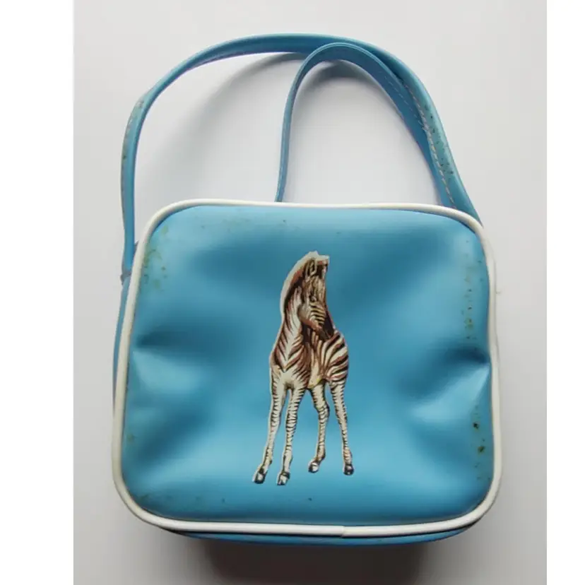 Zebra Childs Vintage Handbag Vinyl Strap Purse Bag Vintage Sky Blue Retro Kitsch