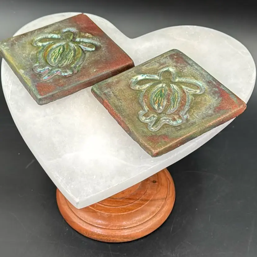 Hawaiian Coaster Set Square Ceramic Raku Honu Sea Turtles Signed