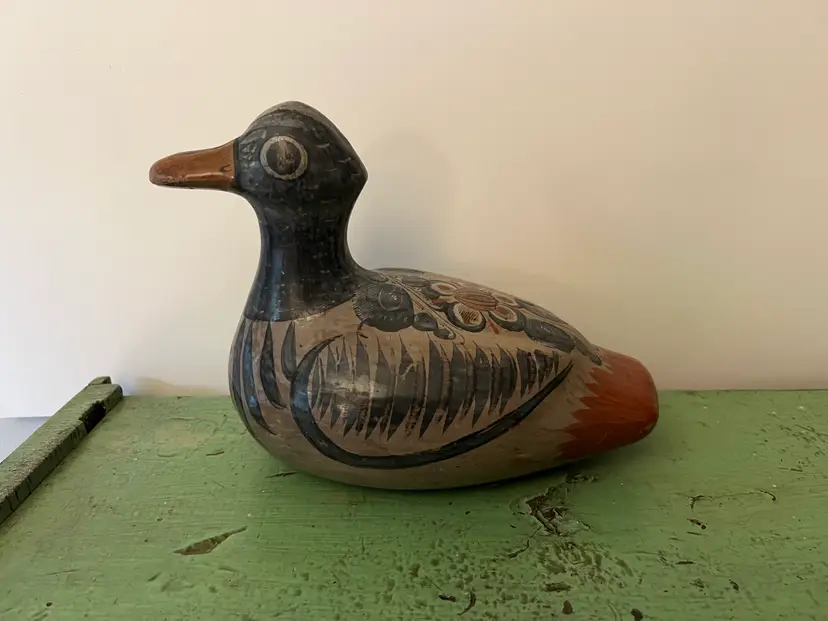 LARGE Tonala Mexican Pottery Duck. Vintage Signed Folk Art. 9" Long. Beautiful Piece.
