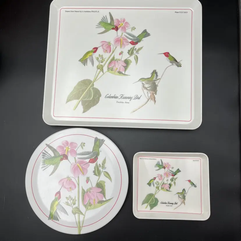 JJ Audubon Columbian Humming Bird Melamine Serving Trays Italy Lot Set Of 3