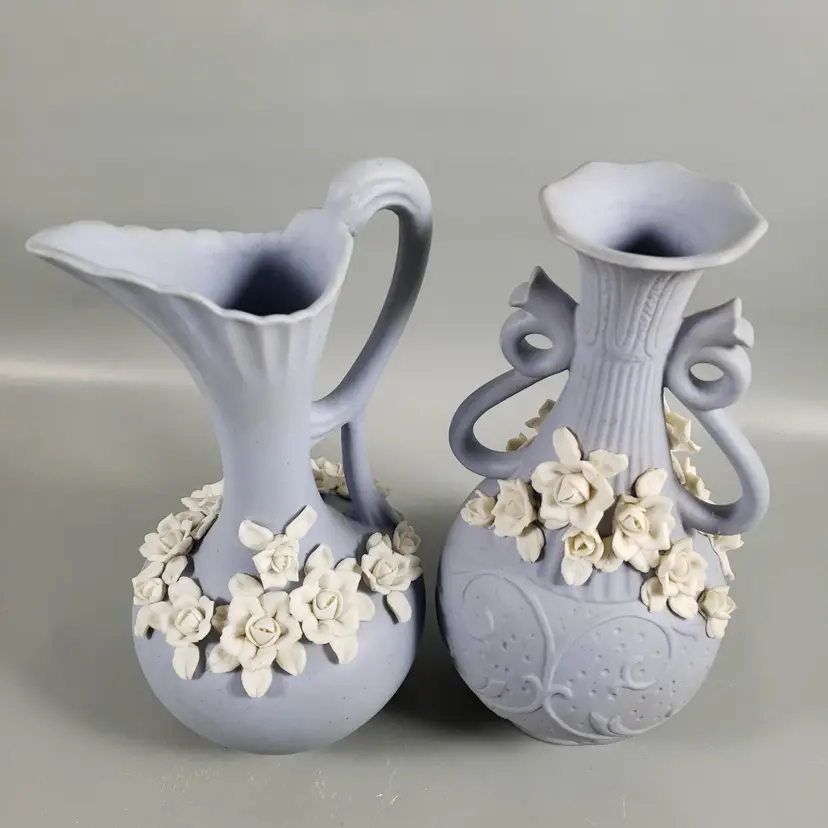 Vintage Lilac Bisque Porcelain Applied White Flowers Vase Ewer Set