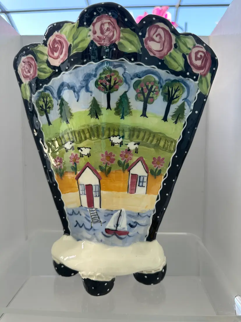 Reversible Seasonal Folk Art Studio Pottery 10" Vase – Summer & Winter Scene – Hand Painted