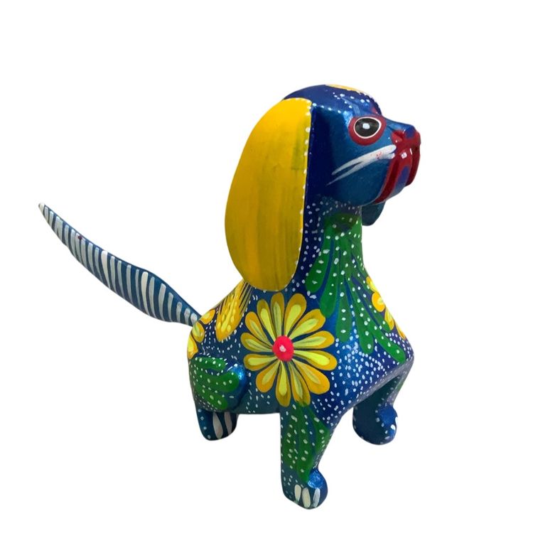 Colorful Hand Carved Wooden Alebrije Elephant Puppy Guardian Hound Dog Figurine 4” By 4” Tall Featuring Dark Teal Blue Base Color Made By Me