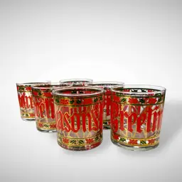 Vintage Christmas Seasons Greetings Lowball Glassware SET 6 Gold Trim