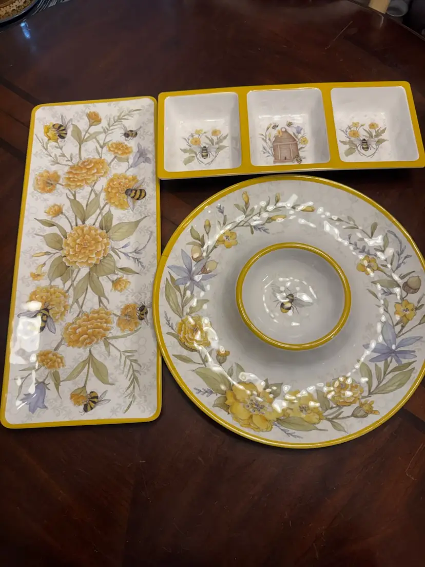 Certified International "Bee Sweet" 3-piece melamine hostess set, designed by artist Susan Winget.