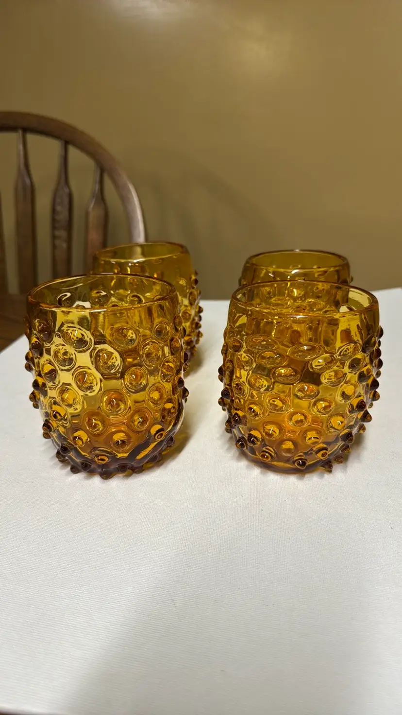 Empoli Italian amber hobnail glasses 4” tall set of 5